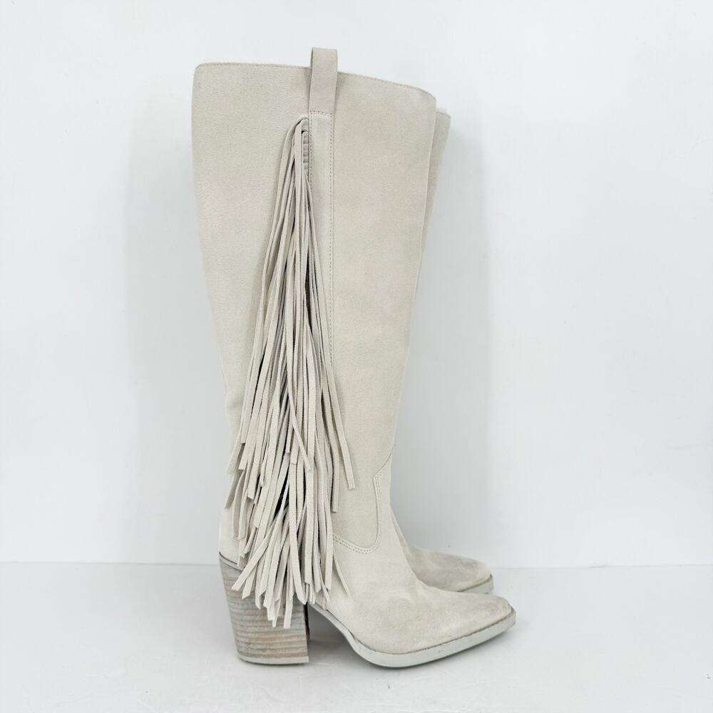 Vince Camuto Womens Pelia Fringe Knee High Boot 7.5 Wide XW Calf White Suede GUC